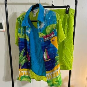 Diane Gilman Blue and Green Button Down 3 piece shirt and shorts set